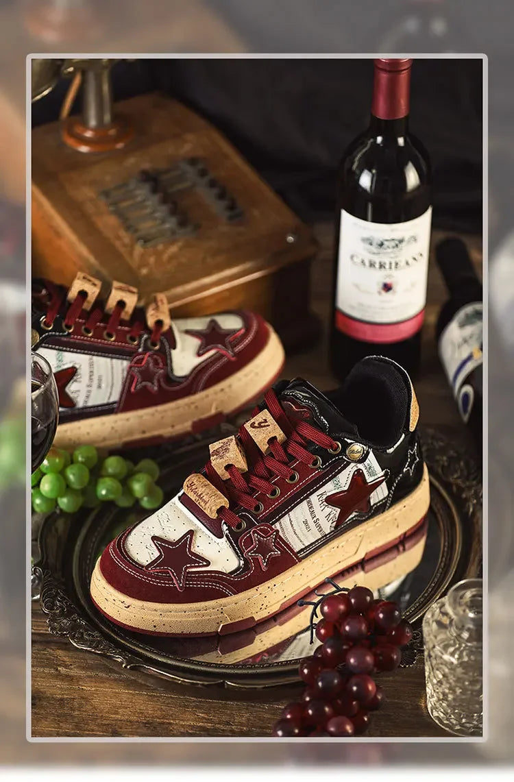 Trendy Red Wine Star Shoes 2024 Spring New Men's Casual Shoes Versatile Vintage Couple Shoes Male Genuine Leather Footwear