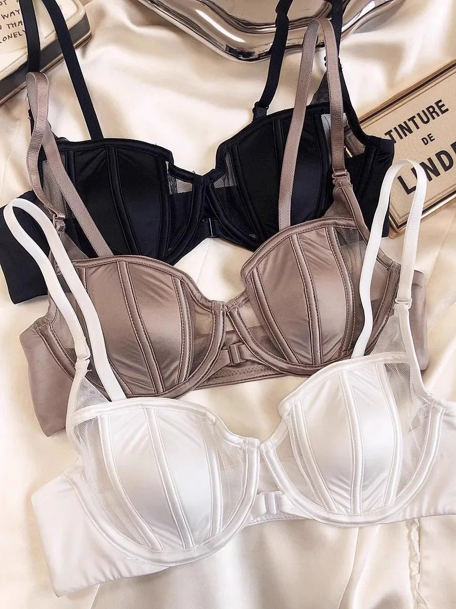 Women Bra and Panty Set Satin Silk Gather Push Up Lingerie Mesh Push Up Front Button Bra Adjustable Strap Thin Cup Underwear