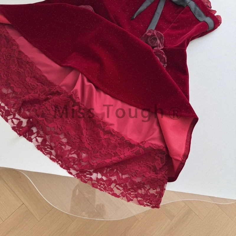 Gothic Y2k Lolita Style One Piece Dress Women Sexy Red Rose Flower Bow Party Mini Dress Japanese Fashion Elegant Dresses 2025