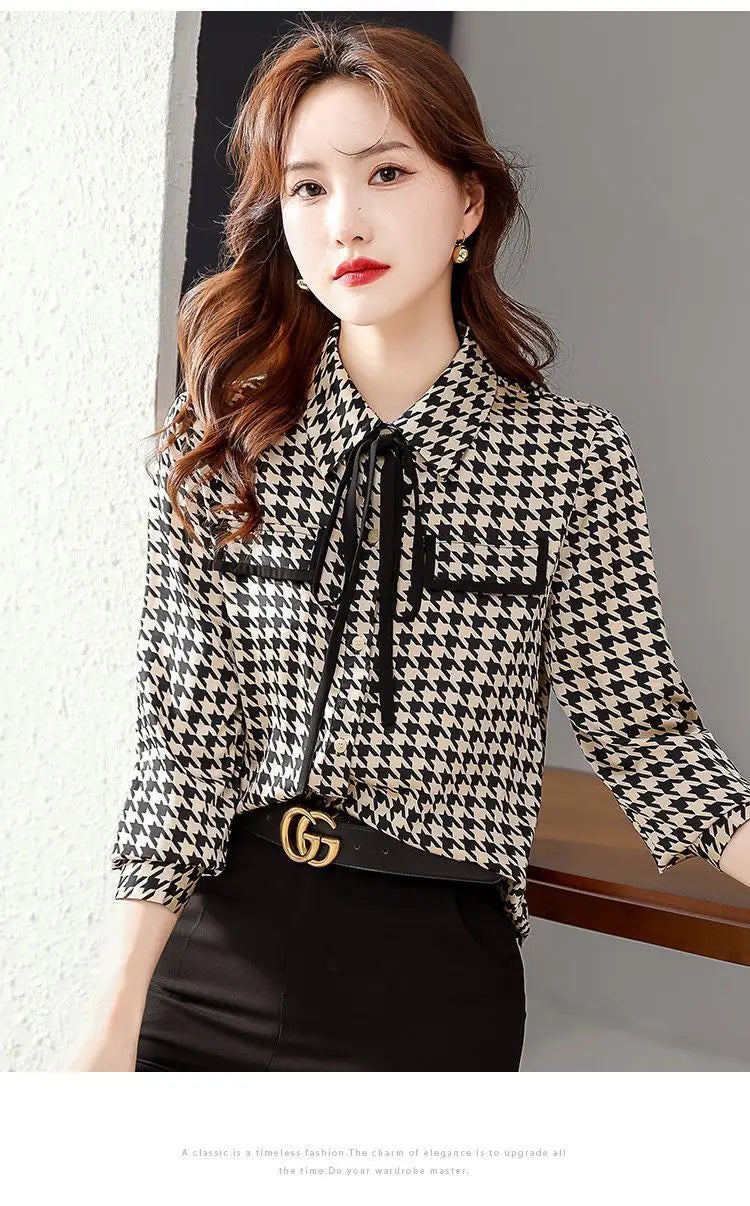 Spring Autumn Elegant Fashion Houndstooth Print Lace Up Shirt Ladies Long Sleeve Temperament All-match Blouse Femme Cardigan Top