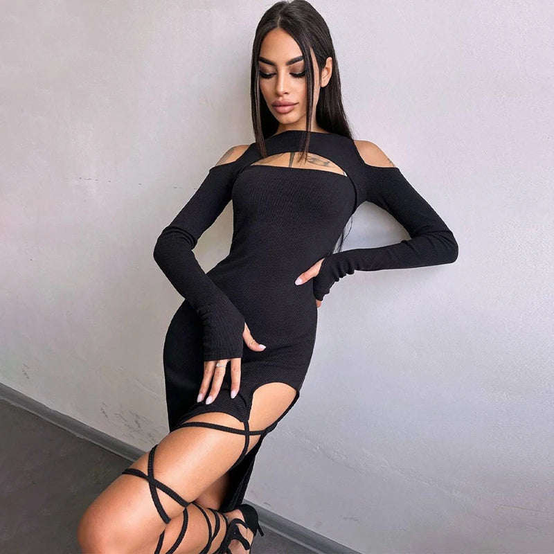 Hugcitar Long Sleeve Solid Hollow Out Slit Lace Up Elegant Sexy Bodycon Maxi Prom Dress 2023 Fall Women Birthday Party Outfit "