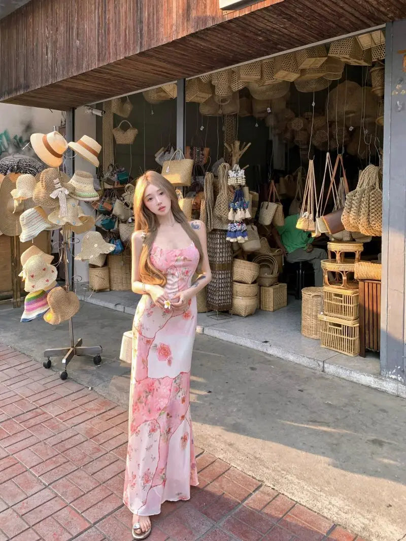 Summer Floral  Boho Dress Women Sleeveless Slim Fit Party Midi Dress  Mesh Patchwork Long Bodycon Elegant Beach Holiday Dress