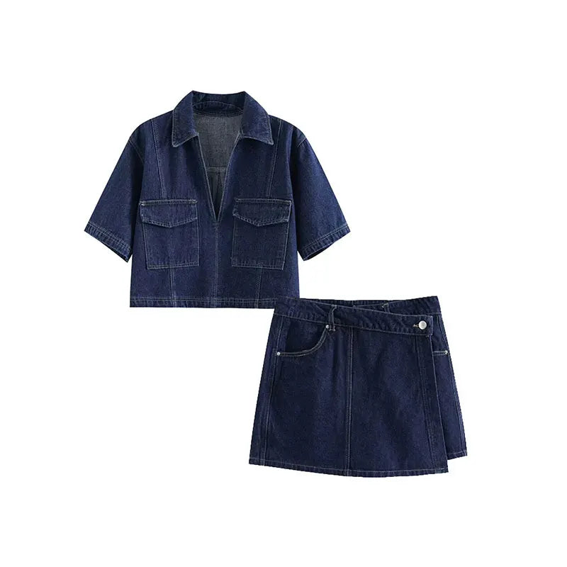 2025 Women's Fashion Flip Pocket Decoration Short Flip Collar Slim fit denim Top + Asymmetric Denim Skirt 2 Piece Set