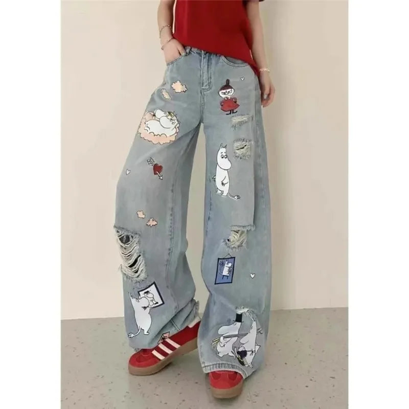 Women's Casual Sweet Ripped Harajuku Loose Fit Jeans Vintage Y2K Damage Emo Cartoon Print Pants Trashy Kpop Denim Trouser