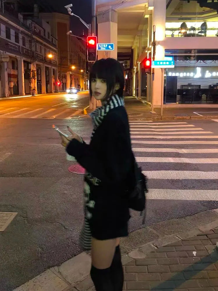 Karrram Gothic Skulls Sweater Grunge Dark Aesthetics Knitted Jumper V-neck Harajuku Loose Mohair Pullover Emo Alt Knitwear Y2k