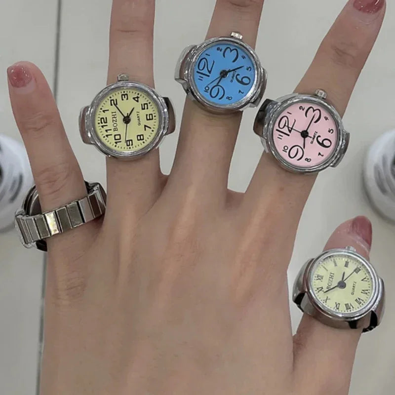Colorful Watch Ring Women Men Retro Sliver Pointer Quartz Clock Finger Rings Punk Alloy Strap Watches Jewelry Accessories