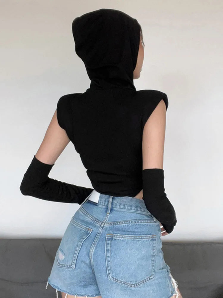 Fashion Solid Color Hooded Bodysuit One Piece Sexy Round Neck Sleeveless Lingerie Sexy Casual Slim Streetwear Festival Outfit