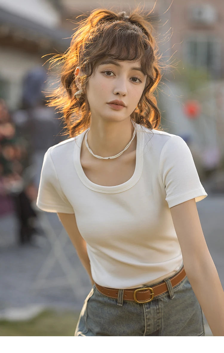 MISHOW Short Sleeve T-shirts Women Spring Solid Square-neck Top Elegant Woman Clothes Office Lady Cotton Tees MXC12T0641