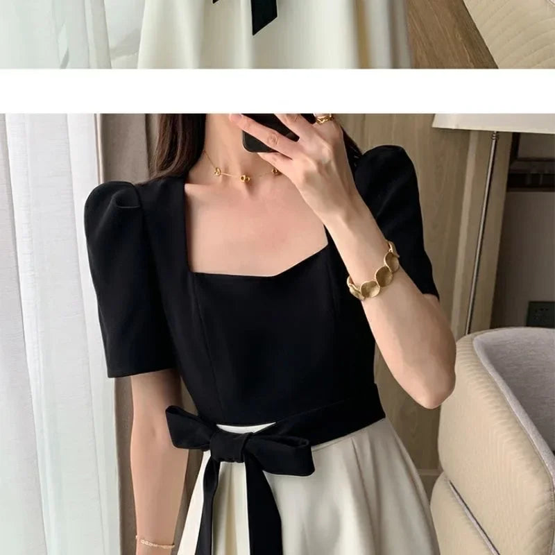 Elegant High-waisted Slimming Black Square Collar Long Dress 2024 New Style Vintage French Fashion For Women