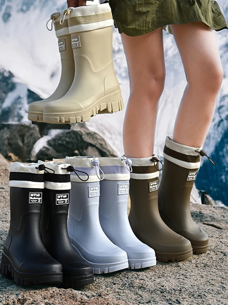 Japanese Sle High Tube Dstring Rain Boots Thi Bot Waterproof ort Tube Rain Boots for Rainy Days Outdoor Wear Elas...