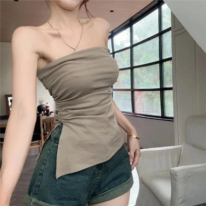 Sexy Open-Back Strapless Sleeveless T-Shirt Women's Spring Autumn Slimming Grey Top Cropped Outer Wear Base Wrap Chest