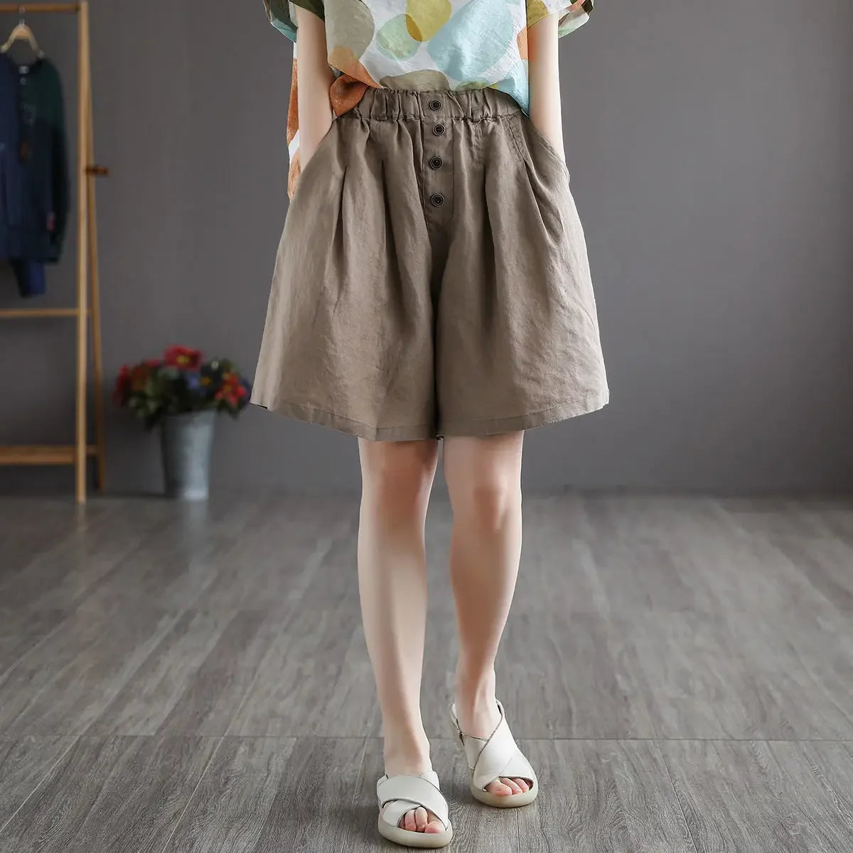 Vintageartistic High-waisted Slimming Cotton Linen Shorts For Women Casual Loose-fit Bell Bottoms 2024 New Style