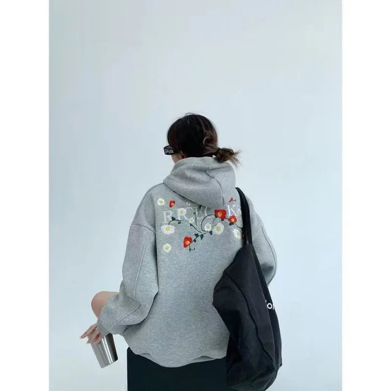 Hikigawa Chic Fashion Floral Embroidery Hoodies Women Coats Autumn Casual Loose All Match Hooded Pullover Outerwear Tops Mujer