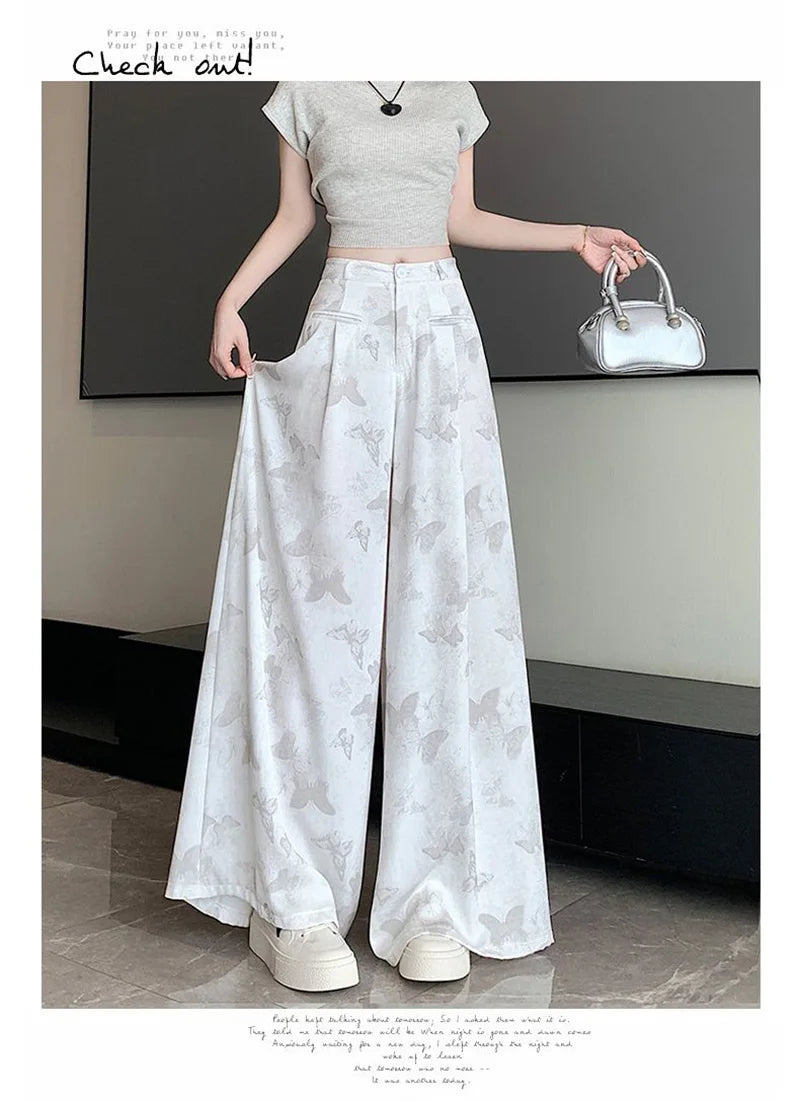 Zoki Bufferfly Print Satin Wide Leg Pant Women Loose Elegant Fashion High Waist Korean Trousers Casual Sweet High Quality Pants