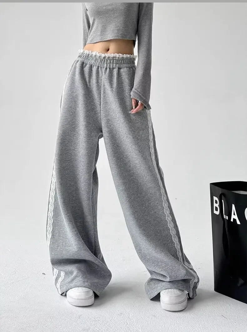 Trendy Casual Wide Leg Pants Women's Autumn Winter High Waist Splicing Lace Trim Drapey Slimming Sporty Trousers