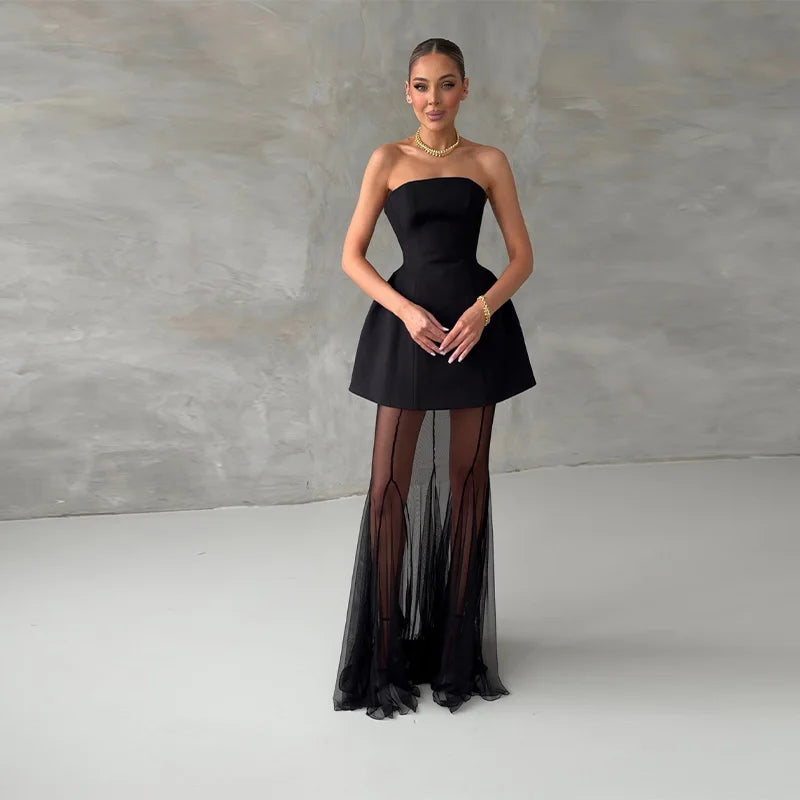 Elegant Lace Long Skirt Set Women Strapless Tube Top Short Dress Floor-Length Mermaid Skirts 2025 Summer Lady Party 2 Pieces Set