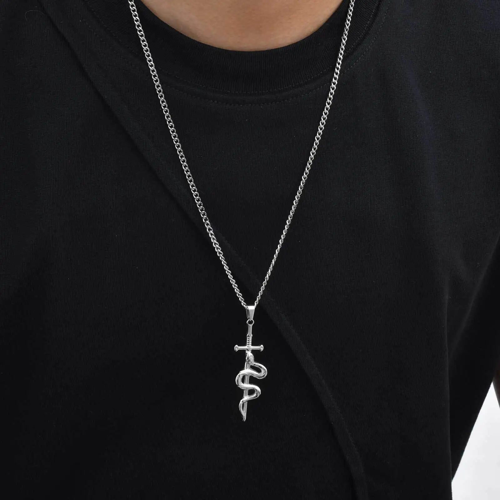 Punk Sword Necklace for Men Boys,Cross Snake Pendant Necklace with 60CM Cuban Chain,Gothic Jewelry Gift