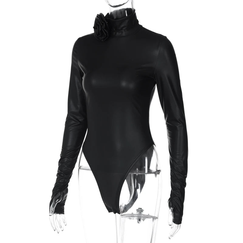 Hugcitar Fashion Pu Leather Black Turtleneck Tie Flower Long Sleeve Buttons Sexy Bodycon Bodysuit Women Party Overalls Romper
