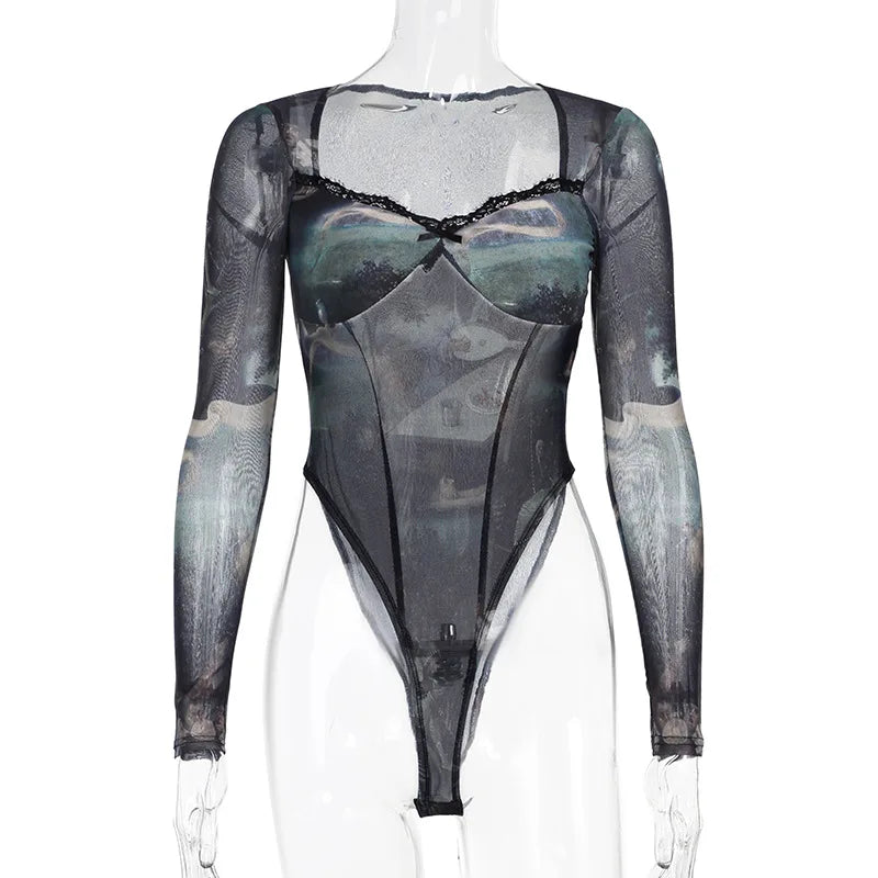 Goth Dark 90s Retro Print Mesh Long Sleeve Skinny Bodysuits Cyber Y2K Sheer Tops Women Gothic Lace Patchwork Bodysuit Streetwear