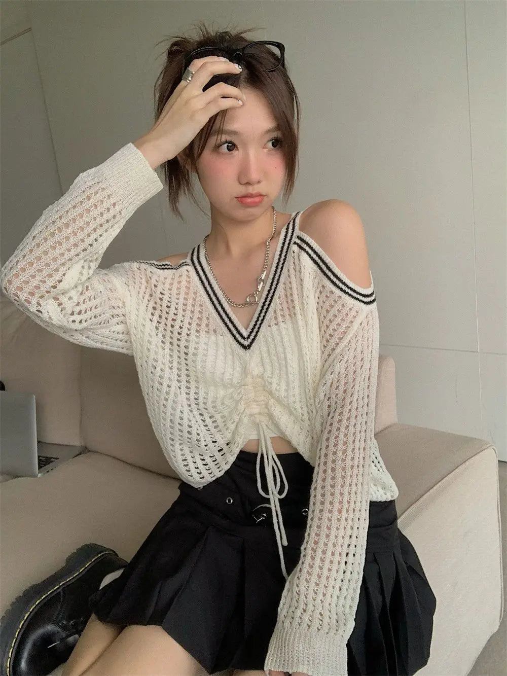 Off Shoulder Hollow Out Shirts Blouses Elegant and Youth Woman Blouse Drawstring Knitted V Neck Tops Vintage Y2k 2022 Fashion