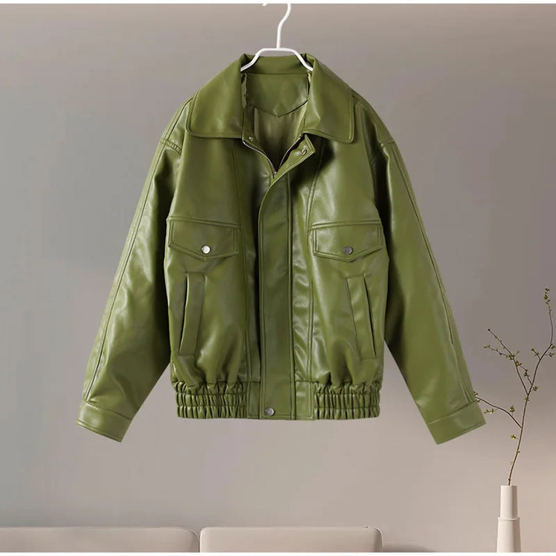Fashion Green PU Leather Jacket Women Laple Zipper Loose Full Sleeve Single Breasted Cropped Coat 2024 New Lady Solid Streetwear