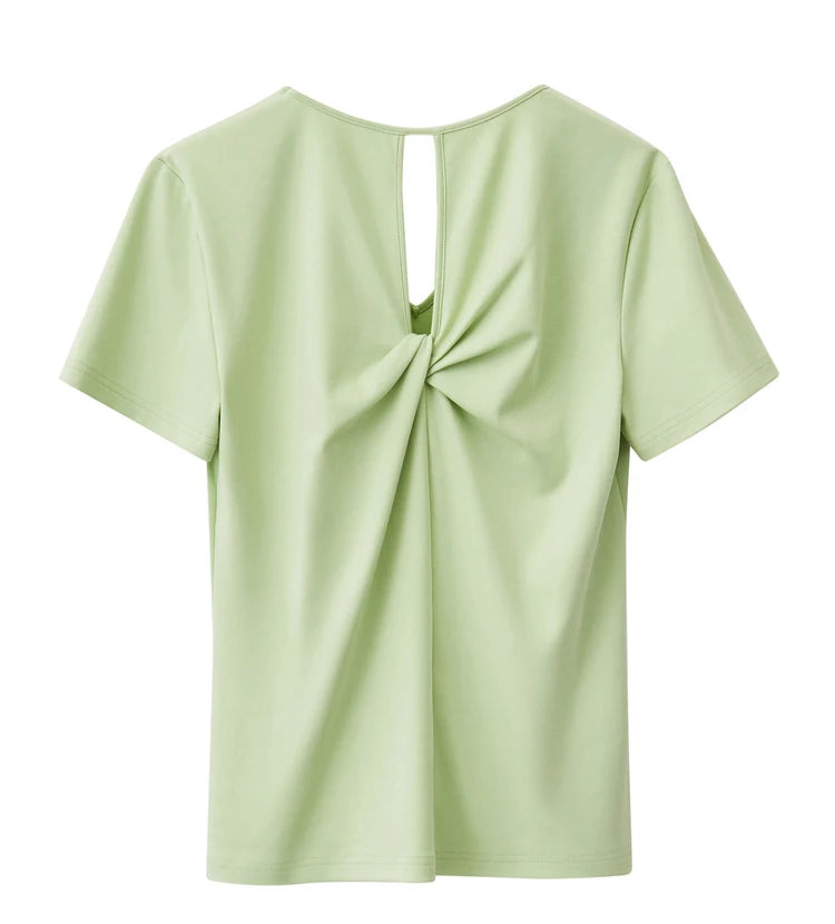 AMII Minimalism 100% Cotton Hollow Out Solid Short Sleeves Tees 2025 Spring New V Neck Top Women Casual Female T Shirt 12342289