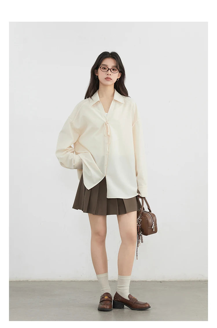 CHIC VEN Women Shirt Loose Casual Solid New Lapel Tie Design Sun Protection Blouses Long Sleeved Female Coat Summer 2025