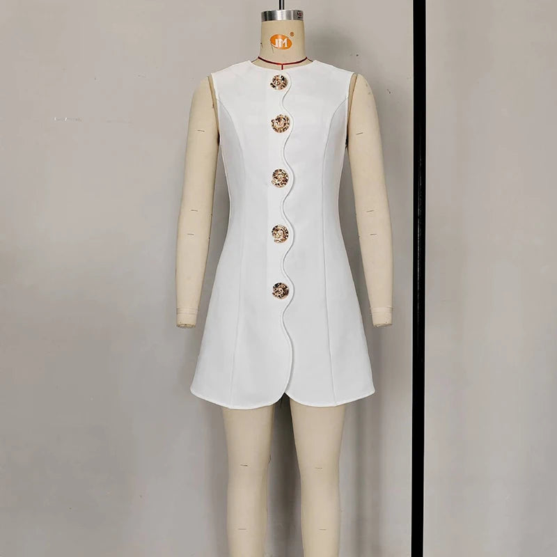 Elegant High Waist Party Dress New O Collar Solid Color Single Breasted Short Dress Office Lady Sleeveless Simple Commute Dress