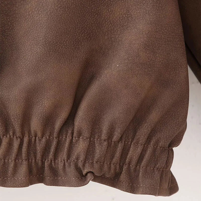 2025 Autumn Women's Leather Jacket, Personalized Street Style Women's Casual Round-neck Zipper Flight Commuting Jacket