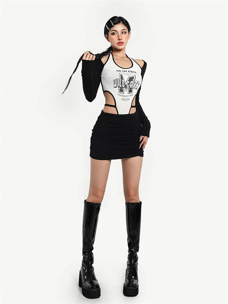 Sexy Letter Printed Irregular Waist-exposed Bodysuits Long Sleeve Skinny Baby Tops Bodycon Fashion Slim Rompers Women Jumpsuits