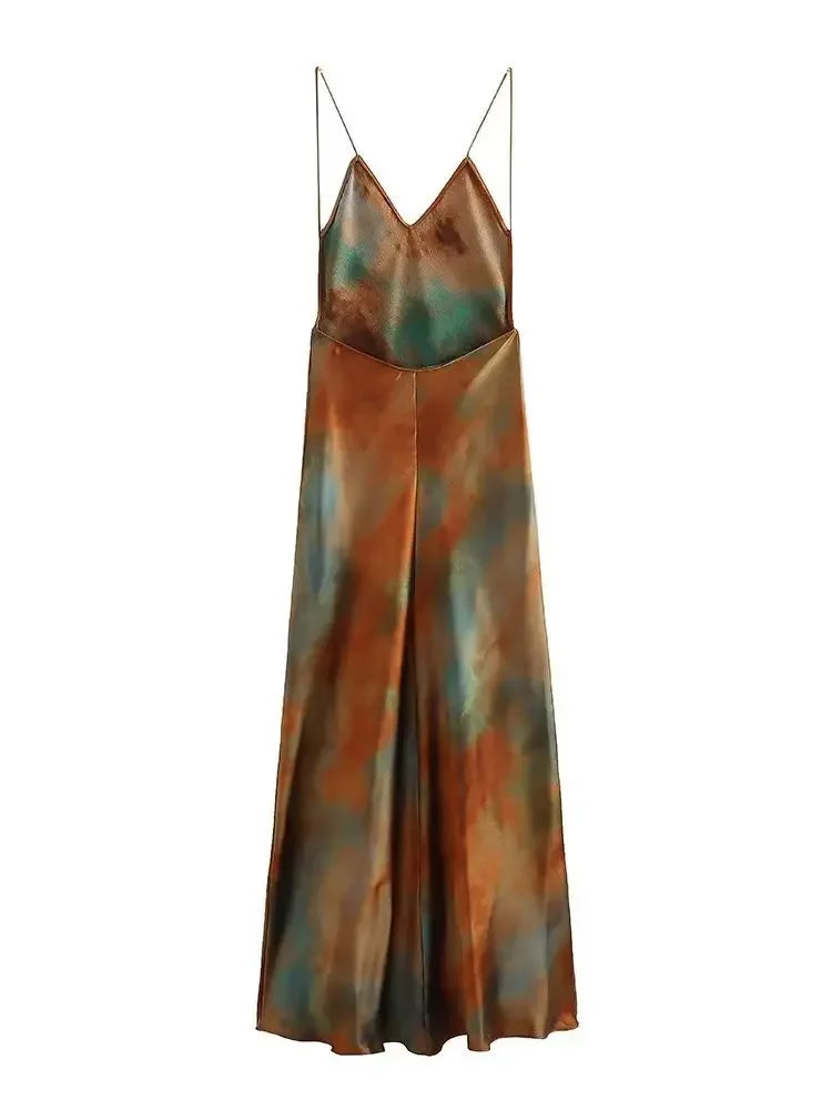 Elegant Sexy Long Dress New 2023 Design V-neck Open Back Rainbow Printing Tank Dress For Women Cross-border European Style