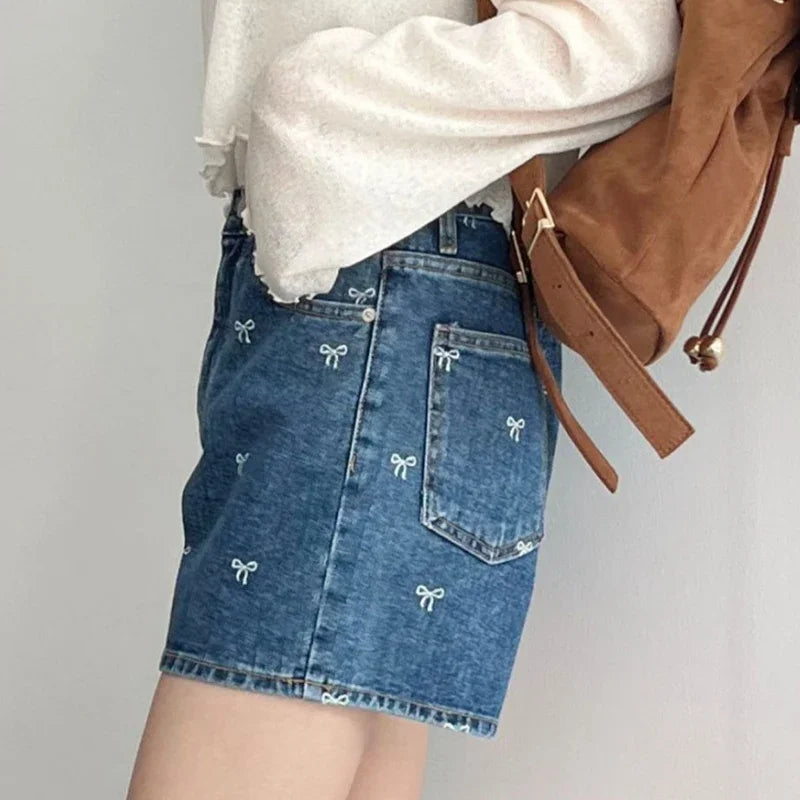 HELIAR Women Bowknot Embroidery Denim Shorts With Pockets Casual High Waist A-line Jean Shorts Female Office Trousers Summer
