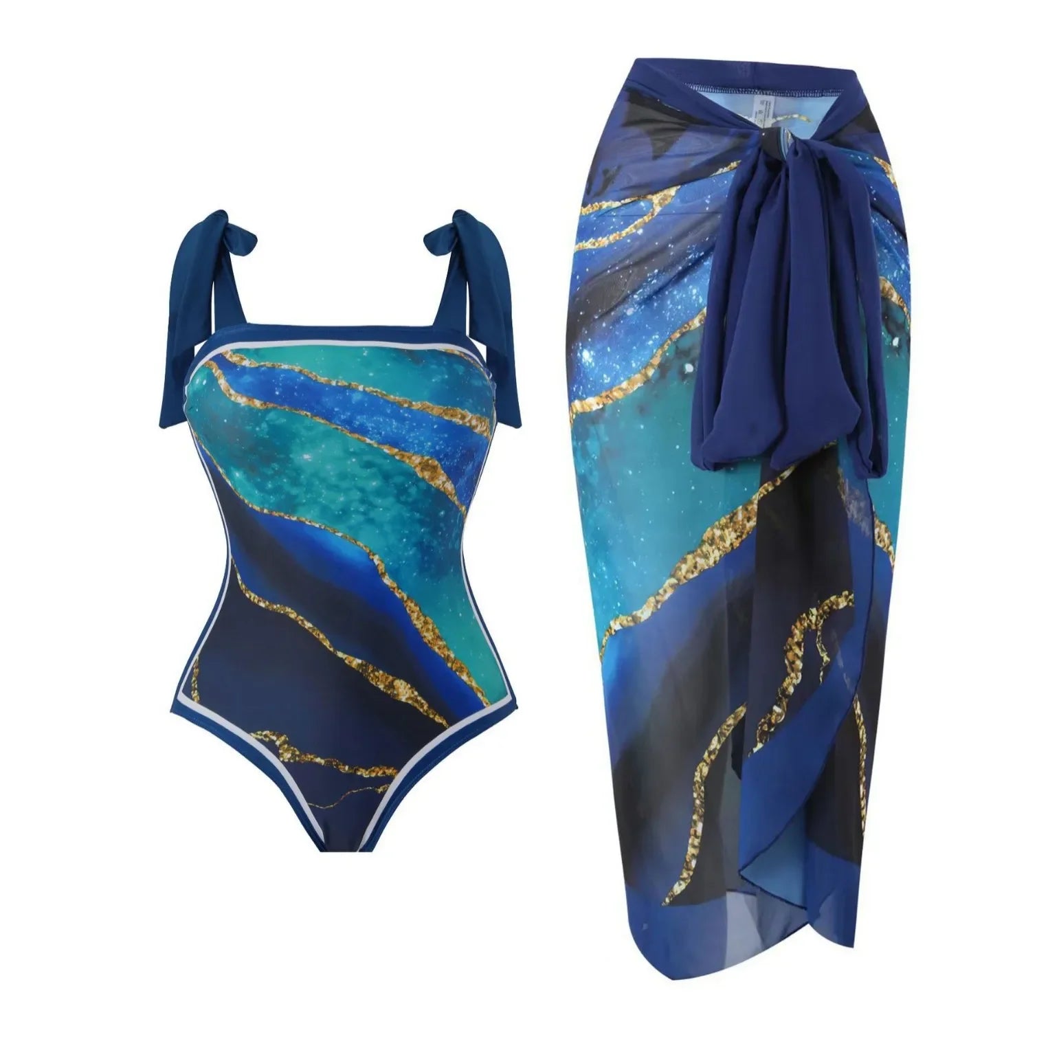 Retro One-Piece Swimsuit Set for Women with Chiffon Skirt Conservative Sexy Swimwear New 2025 Cross-Border AE Stock