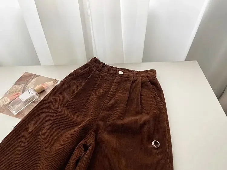 Vintage High Waist Corduroy Pants Women Spring Fall Straight Causal Full Length Trousers Korean Fashion Baggy All Match Pant New