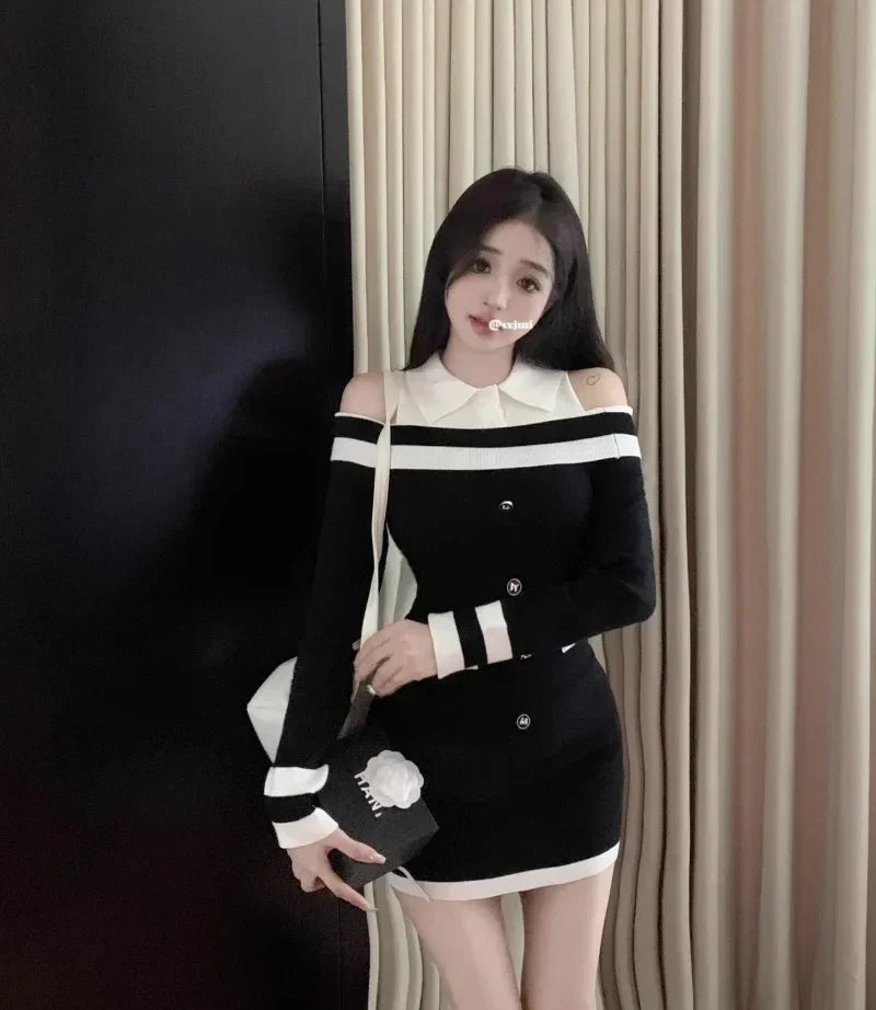 Hot Girl Off Shoulder Long-sleeved Knitted Dress Women's Autumn Fake Two-piece Shirts Spliced Sexy Wrapped Hip Short Dress
