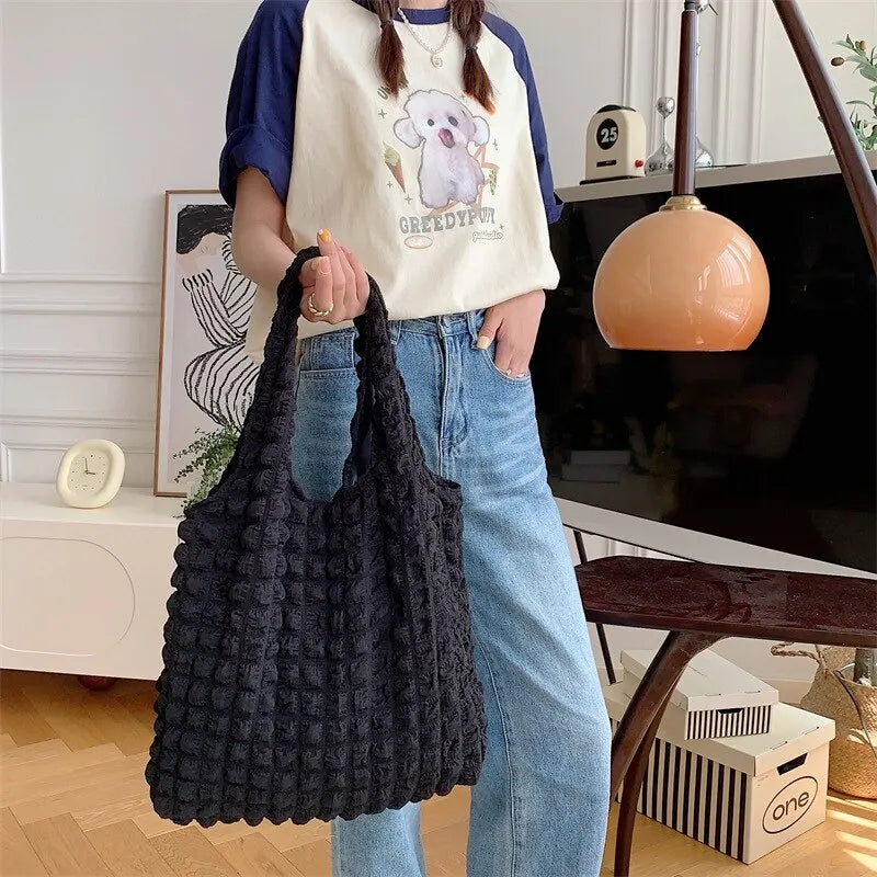 Summer Pleated Bubble Cloud Women Shoulder Bag Vintage Candy Color Large Capacity Shopping Tote Bag