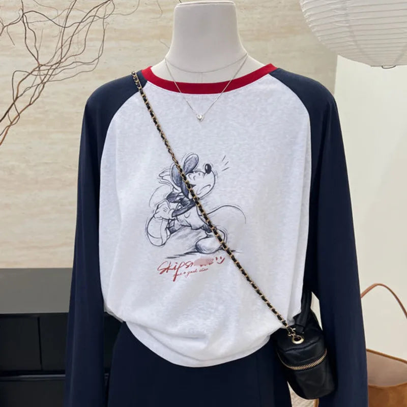 Cute Cartoon Mickey Mouse Long Sleeved T-shirt Korean Version Trend Simple Patchwork Tees Women's Autumn Slimming New Casual Top