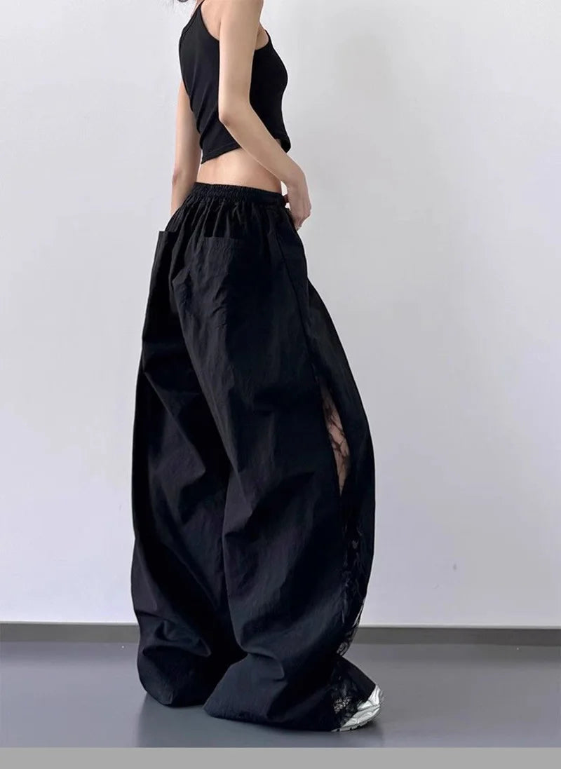 Jmprs Lace Patchwork Wide Leg Pants Women Oversize Streetwear High Waist Vintage Trousers Korean Casual Summer Sweet Retro Pants