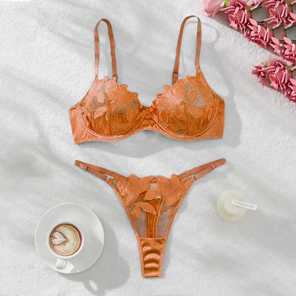 Women'S 2 Piece Lingerie Set Floral Embroidered Lace Sexy Satin Mesh Ingerie Bra And Panty Set Negligee Lingerie Sexy