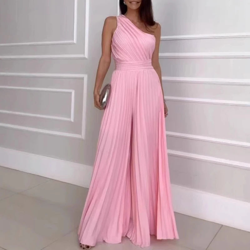 Lady High Waist Off Shoulder Dresses Temperament Diagonal Collar Sleeveless Party Dress Leisure Ruched Solid Slim Evening Dress