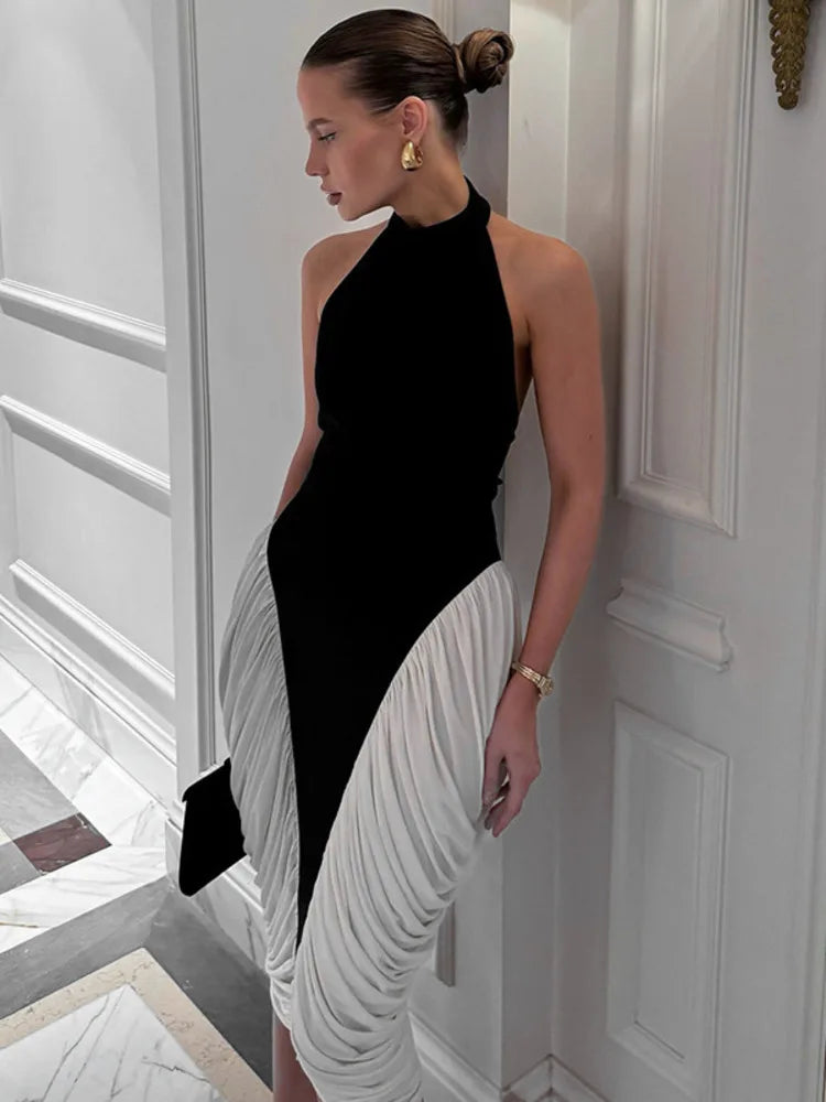 Mozision Patchwork Halter Backless Sexy Midi Dress Women Gown Elegant Fashion Contrast Color Sleeveless Pleated Long Dress