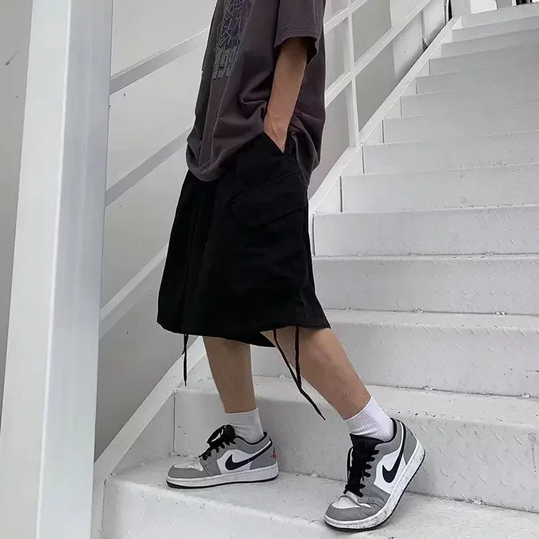 Loose Casual Men's Workwear Shorts Summer Wide Leg Drawstring Five-Quarter Pants Retro Japanese Style Outerwear Shorts