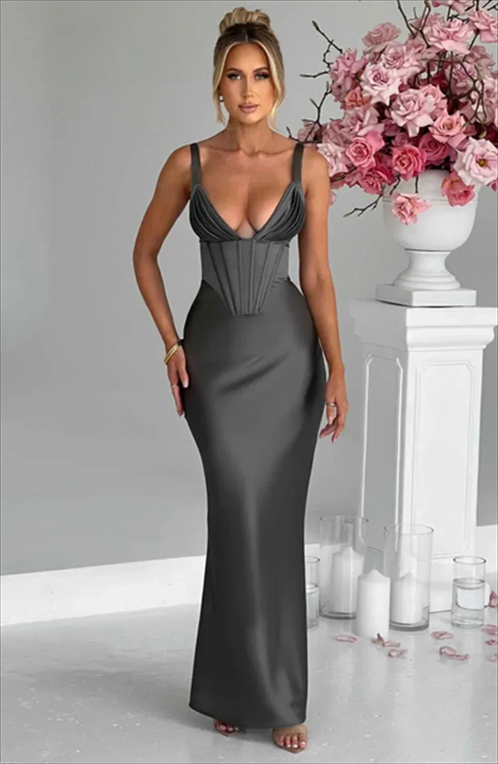 Bonny Strapless Satin Maxi Prom Gown Sexy Mermaid Backless and Lace up Floor-Length Evening Bridal Gown vestidos de festa