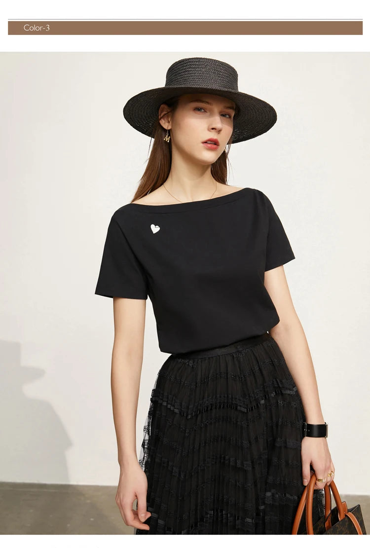 AMII Minimalism T-shirt Women 2023 Spring New Petite Niche Design All-match Office Lady Slash Neck Loose Embroidery Top 12342274