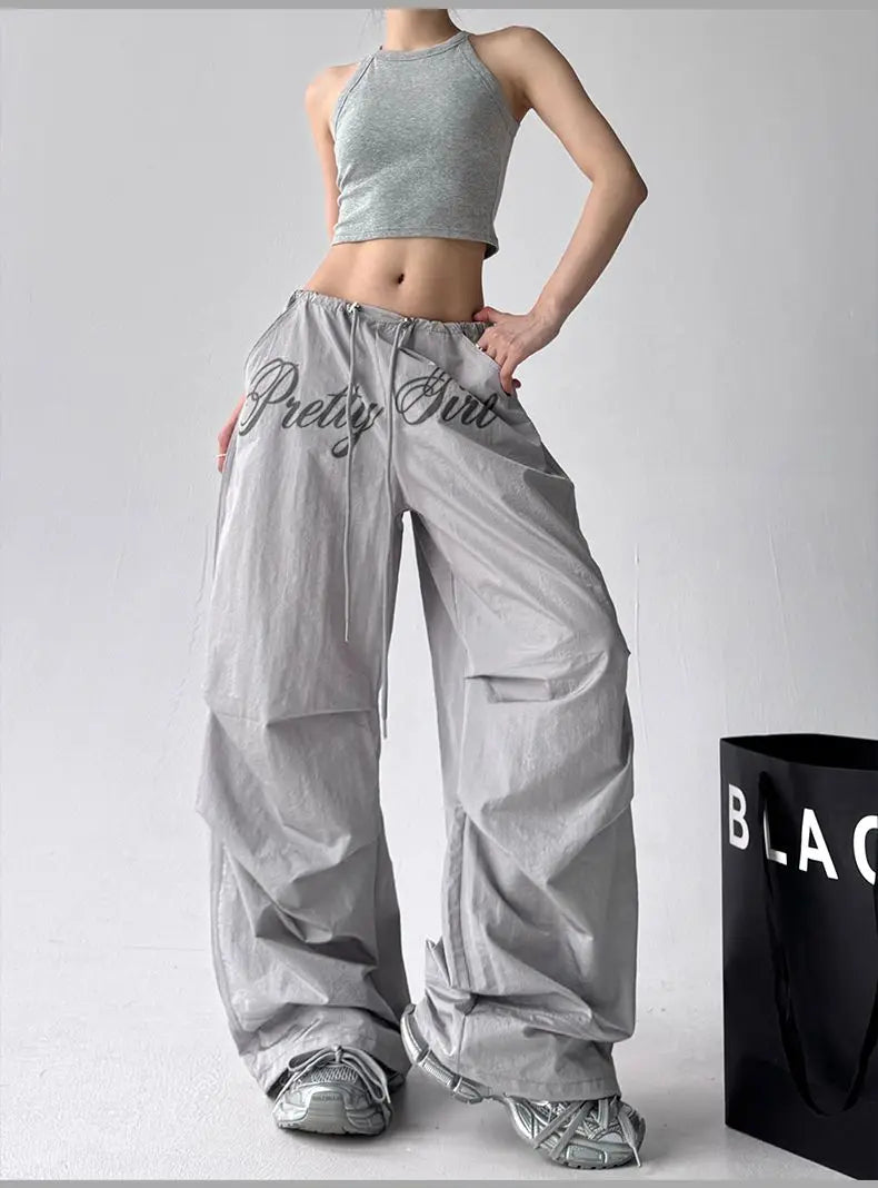 American retro black printed Spice Girls Street Dance Scimitar Pants Women's Loose Design Splicing Summer New Wide Leg Pants