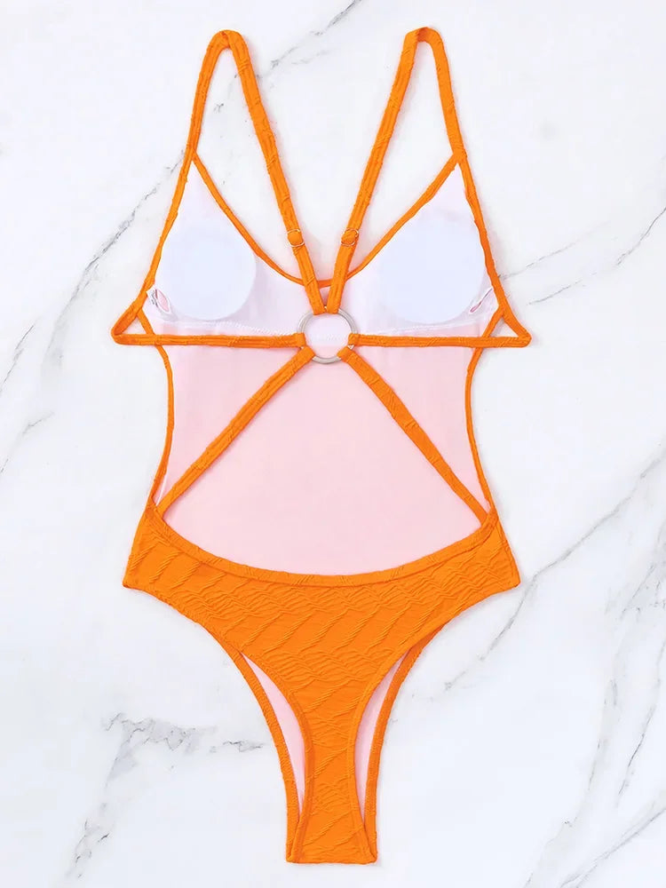 2025 Metal Ring Cross Backless Monokini Thong One Piece Swimsuit Women Swimwear Female High Cut Bathing Suit Swim Beach Wear