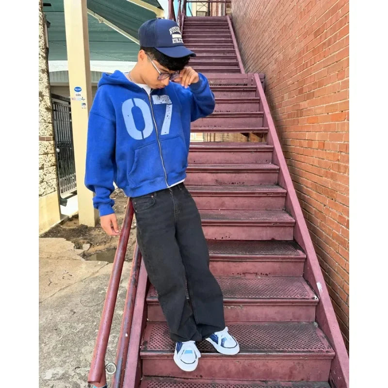 Men 07 Yellow Hoodie American Retro Graphic Print Cotton Thickened Oversized Streetwear Pullover Casual Sweatshirt Fall Winter