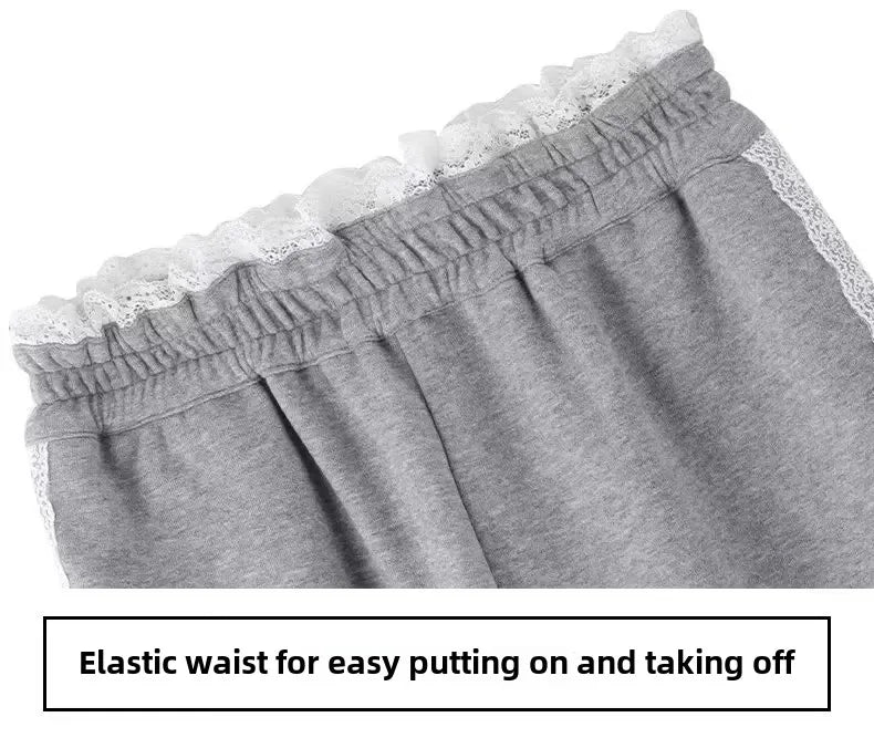 Trendy Casual Wide Leg Pants Women's Autumn Winter High Waist Splicing Lace Trim Drapey Slimming Sporty Trousers