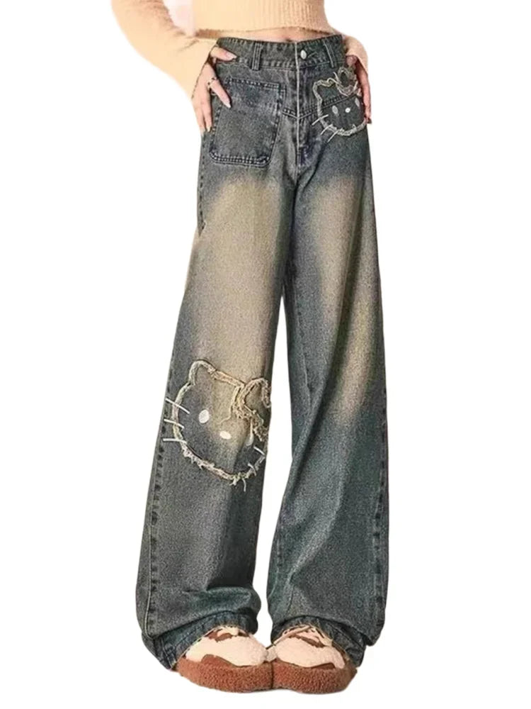 Sanrio Hello Kitty Retro Embroidered Jeans Cartoon Anime Female Loose Comfortable Wide Leg Pants Kawaii Gift