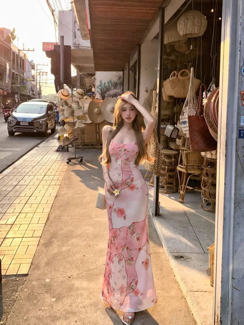 Summer Floral  Boho Dress Women Sleeveless Slim Fit Party Midi Dress  Mesh Patchwork Long Bodycon Elegant Beach Holiday Dress